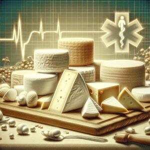 A realistic and detailed illustration showing a variety of soft cheeses on a wooden board, with a medical alert symbol in the background, symbolizing a health warning. The cheeses are diverse in shape and size, with some having white and fluffy rind. The setting is clean and professional, emphasizing the aspect of public health alert and recall.