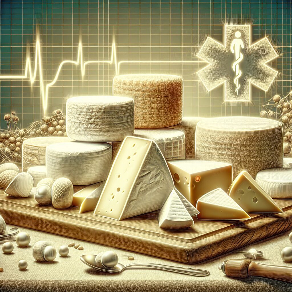 A realistic and detailed illustration showing a variety of soft cheeses on a wooden board, with a medical alert symbol in the background, symbolizing a health warning. The cheeses are diverse in shape and size, with some having white and fluffy rind. The setting is clean and professional, emphasizing the aspect of public health alert and recall.