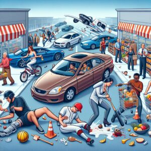 An illustration showing a diverse group of people involved in different types of accidents like car collisions, sporting injuries, and public place incidents, highlighting the concept of third-party claims in insurance.