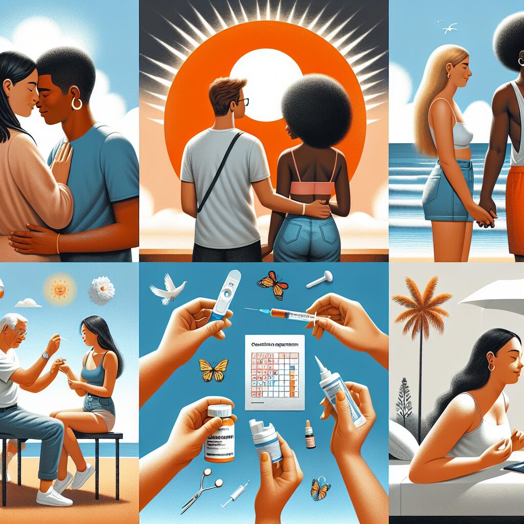 Un collage illustrant différentes mesures de prévention en été : des personnes utilisant des préservatifs, des jeunes recevant un kit de test, des femmes prenant des antibiotiques pour la cystite, des sprays d'anti-allergique, et une personne appliquant une crème sur une brûlure de la peau, le tout sous un soleil éclatant symbolisant l'été.