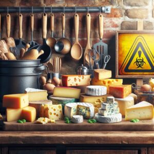 Image depicting various types of cheeses with a warning sign indicating food contamination, in a rustic kitchen setting.