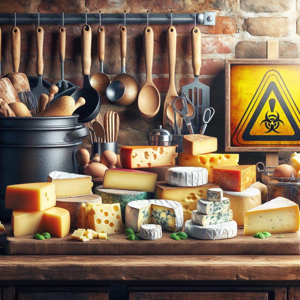 Image depicting various types of cheeses with a warning sign indicating food contamination, in a rustic kitchen setting.