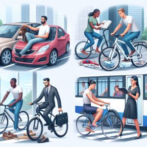 A diverse group of people involved in different everyday activities like driving, cycling, walking, and public transport, showing potential scenarios of accidents involving third-party liability, depicted in a realistic style