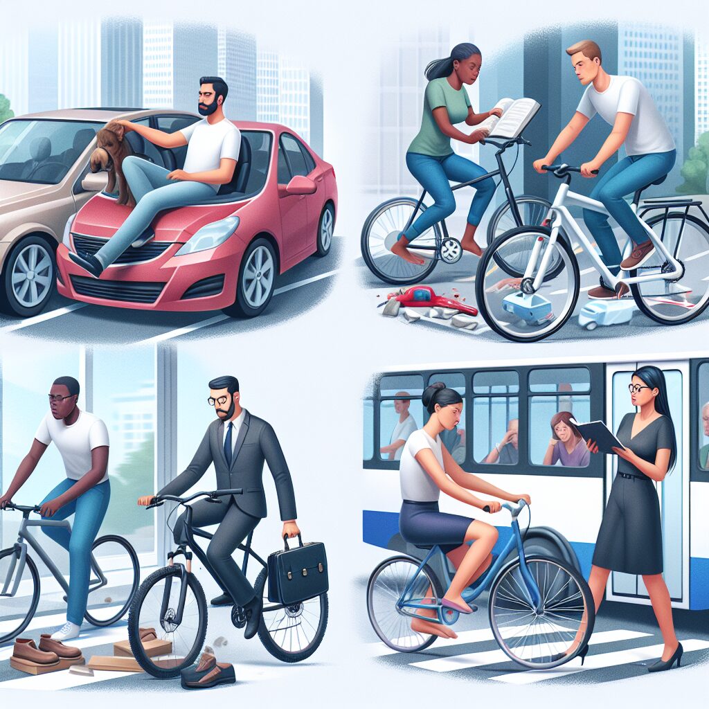 A diverse group of people involved in different everyday activities like driving, cycling, walking, and public transport, showing potential scenarios of accidents involving third-party liability, depicted in a realistic style