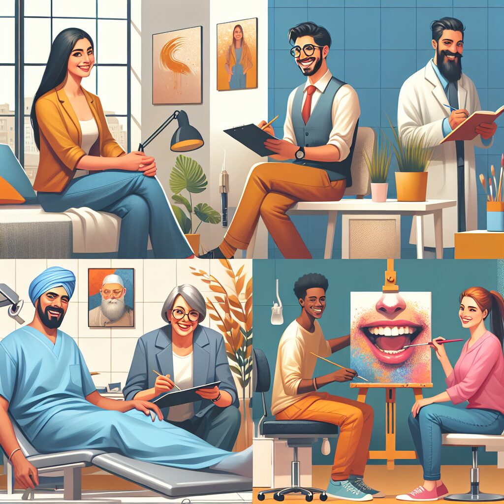 A diverse group of professionals engaged in their jobs, radiating joy and satisfaction. The setting includes a cozy office for a psychologist, a vibrant dental clinic, and a serene atelier for artists, capturing the essence of fulfillment and happiness in various occupations.