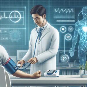 Une illustration montrant un professionnel de santé utilisant un tensiomètre moderne sur un patient dans un cabinet médical lumineux, avec des graphiques montrant des données sur la tension artérielle en arrière-plan.