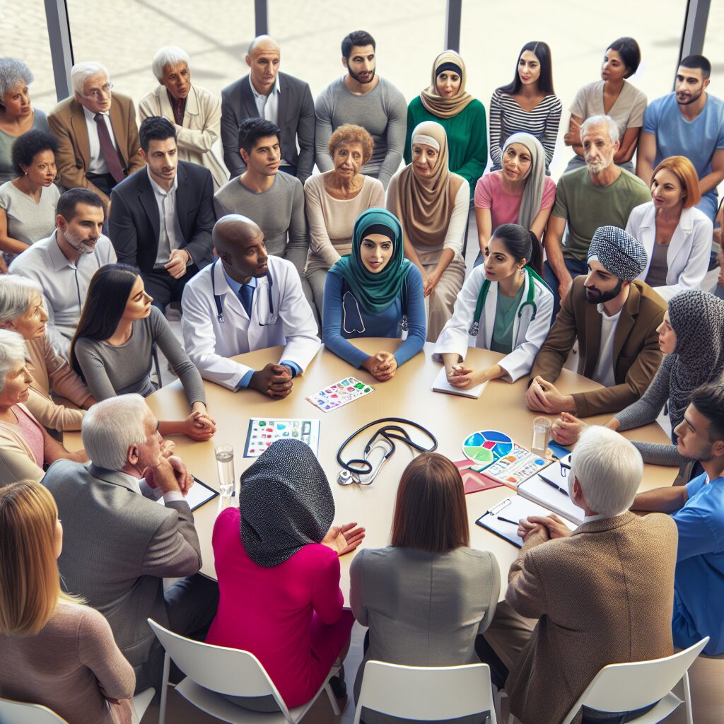 A diverse group of people of different ages and backgrounds engaged in a discussion about health, surrounded by symbols of healthcare like stethoscopes and medical charts, within a community setting to illustrate citizen participation in health matters.