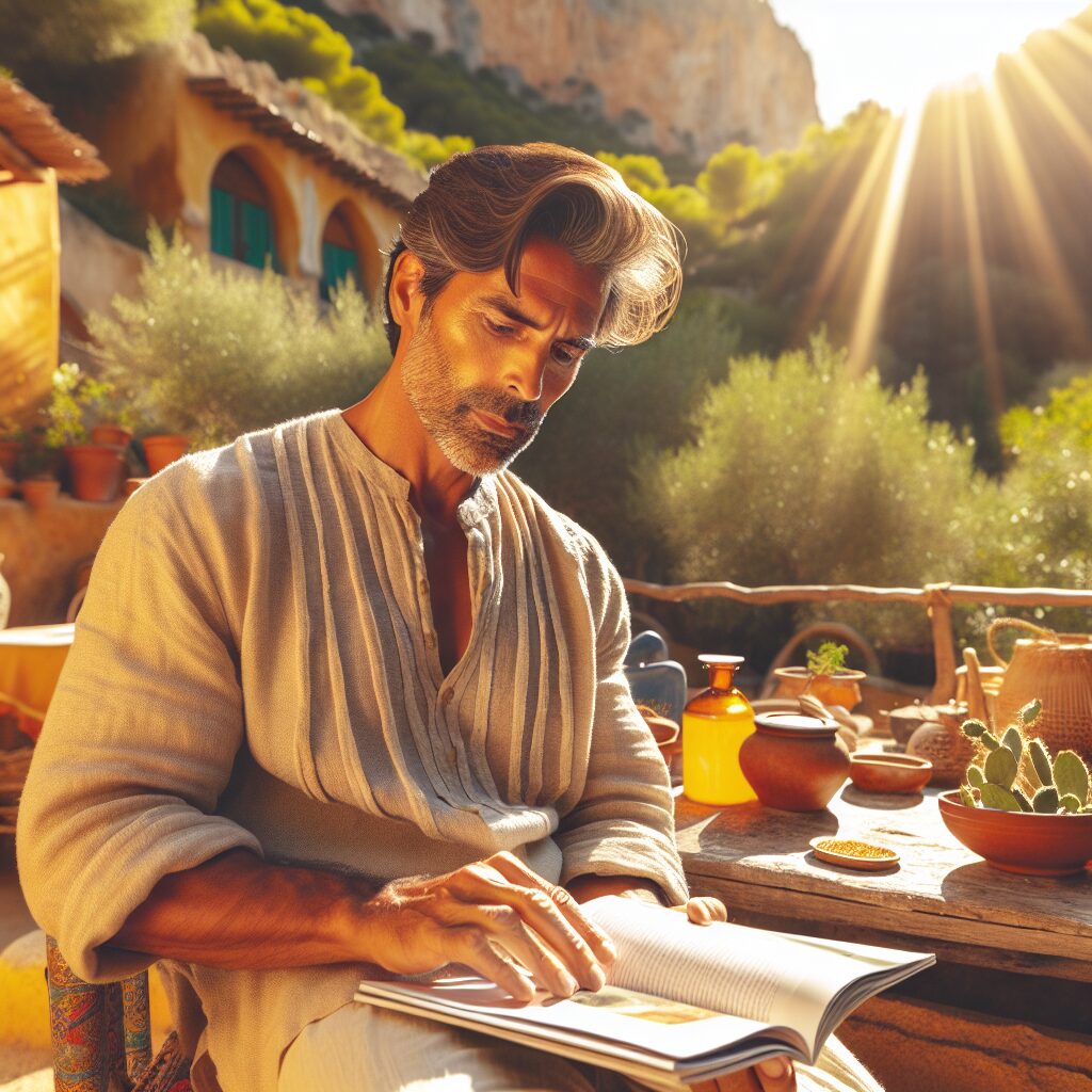A lively scene featuring a middle-aged, active man enjoying summer activities, embodying health and balance, while reading an informative health magazine outdoors in a sunny, Mediterranean setting.