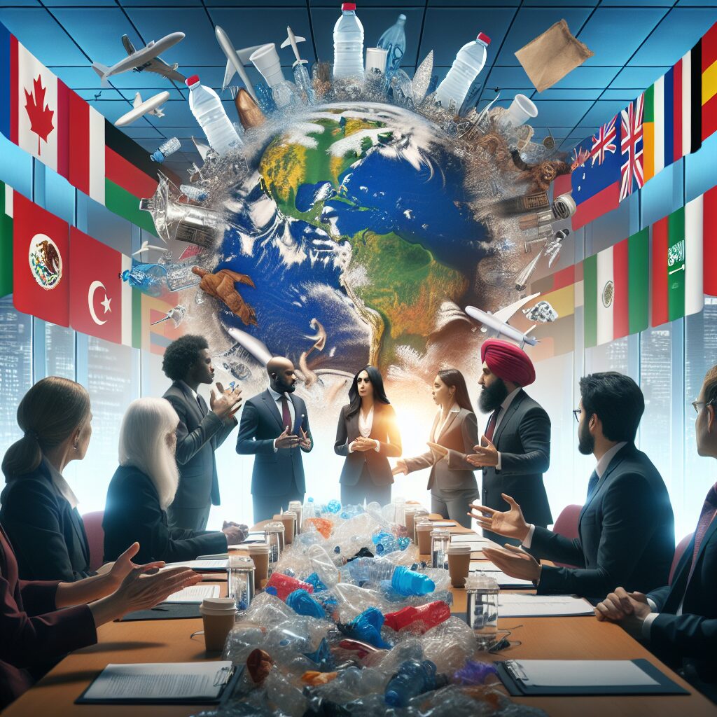 A tense global summit scene on plastic pollution, with representatives from various countries in animated discussions. Symbolic elements of plastic waste and Earth in the background, highlighting environmental tension and diplomatic negotiations.