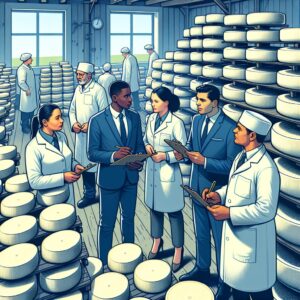 A traditional French cheese factory with wheels of cheese and a serious discussion between health inspectors and factory workers, highlighting a tense atmosphere.