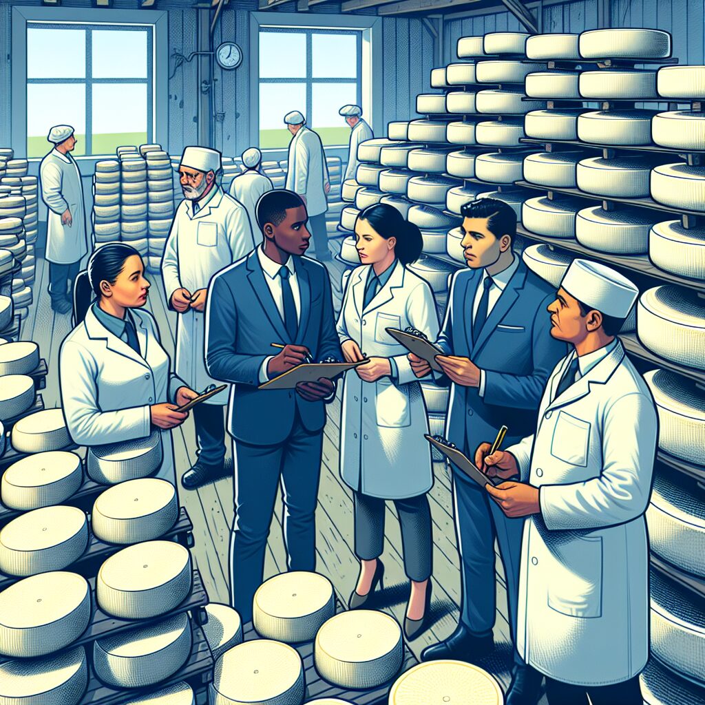 A traditional French cheese factory with wheels of cheese and a serious discussion between health inspectors and factory workers, highlighting a tense atmosphere.