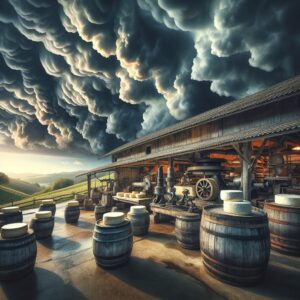 A dramatic scene showing a traditional cheese factory surrounded by ominous storm clouds, symbolizing a crisis in the dairy industry, with a focus on rustic elements of cheesemaking.