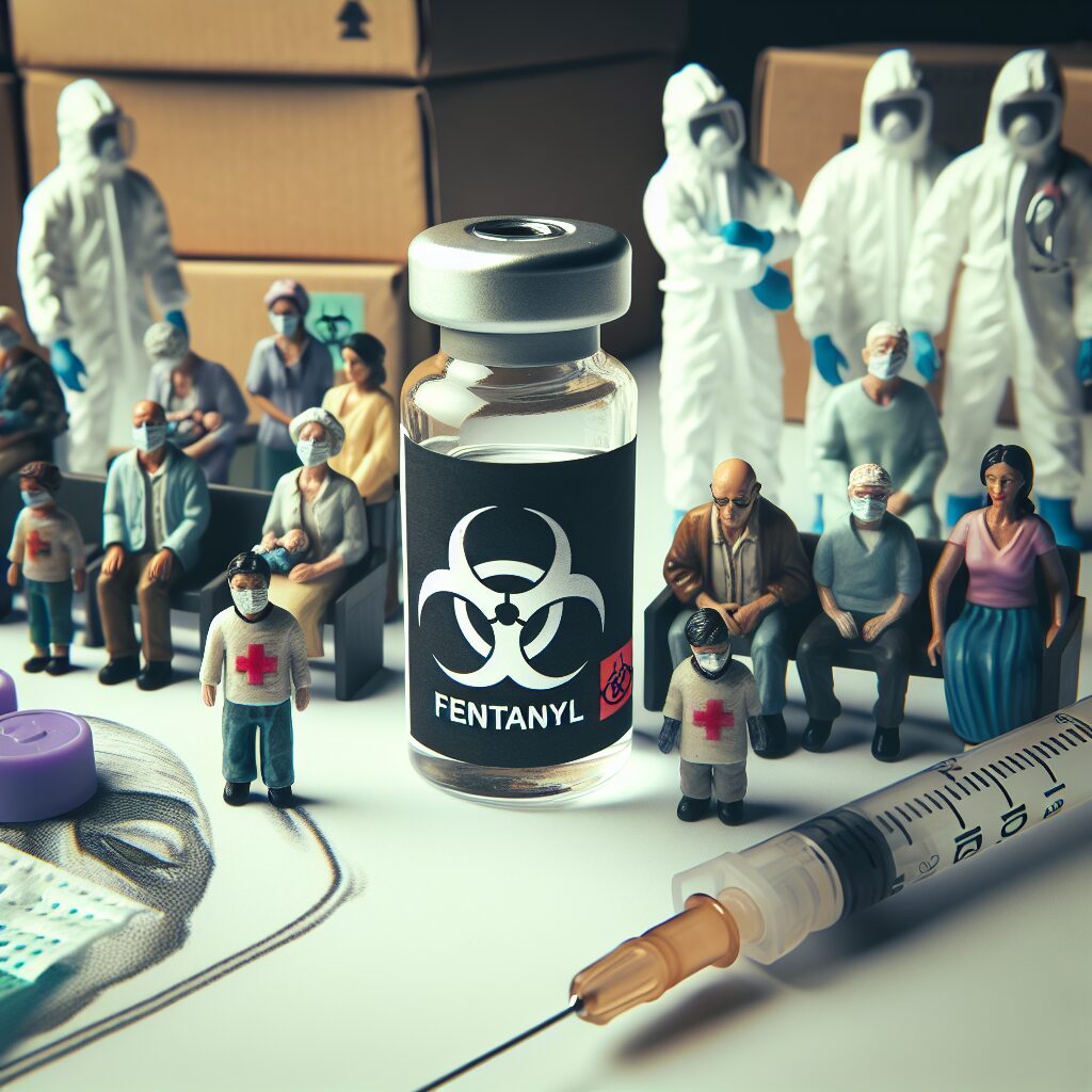 A medical setting in Argentina with vials of fentanyl, some marked with a biohazard symbol. Hospital environment with distressed family members and healthcare workers in protective gear. Illustrates a grave and serious atmosphere.