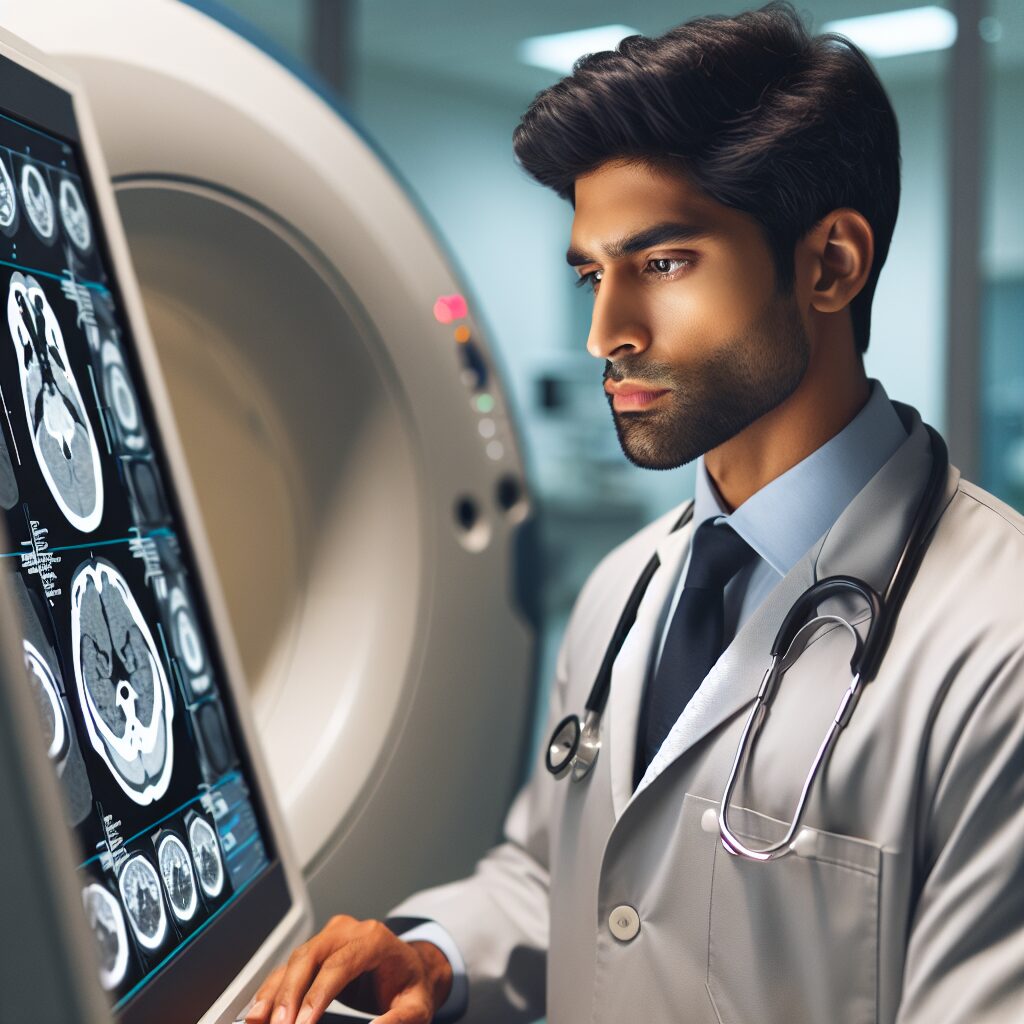 A focused radiologist wearing professional attire, working intently with advanced imaging equipment in a modern medical facility, conveying both expertise and the high-tech nature of radiology.