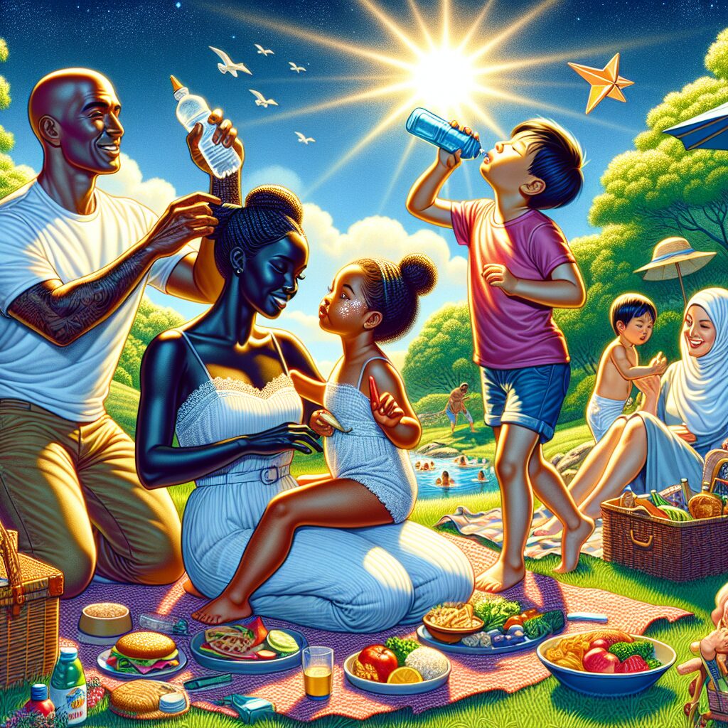 A serene summer scene with a family enjoying a picnic under the sun, applying sunscreen, drinking water, and playing safely - vibrant, cheerful atmosphere.