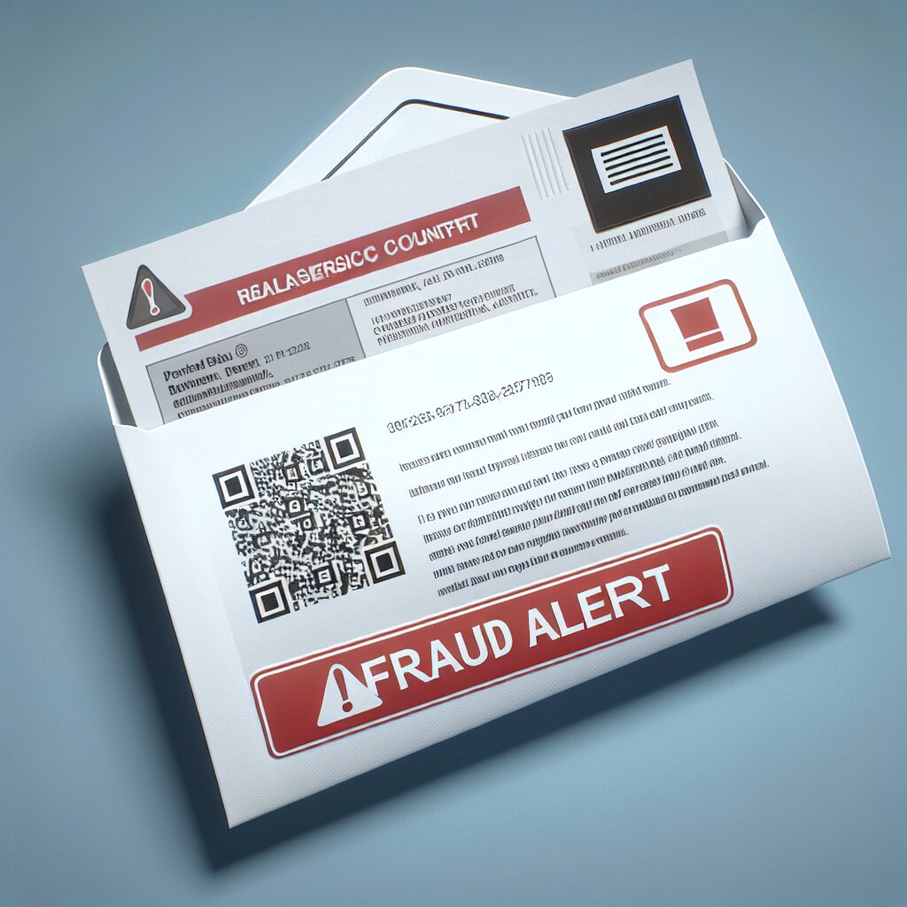 Un faux courrier d'apparence officielle dans une boîte aux lettres, avec un QR code visible, représentant une alerte de fraude. Inclure des éléments d'avertissement visuels comme un point d'exclamation rouge et une enveloppe blanche. Style réaliste.