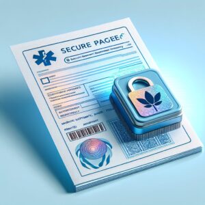 Image of a secure paper form with holographic sticker and magnetic ink, representing safety and authenticity, on a light blue medical background.