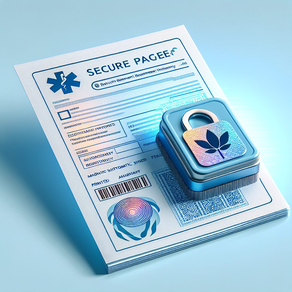 Image of a secure paper form with holographic sticker and magnetic ink, representing safety and authenticity, on a light blue medical background.