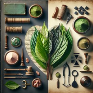 A depiction of Kratom leaves and powder, emphasizing its dual nature as both a stimulant and potential health risk. Include elements of traditional Southeast Asian medicine while hinting at modern controversy.