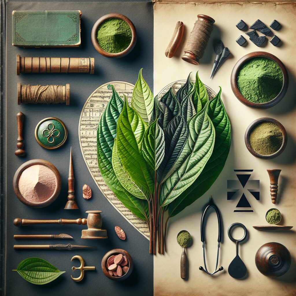 A depiction of Kratom leaves and powder, emphasizing its dual nature as both a stimulant and potential health risk. Include elements of traditional Southeast Asian medicine while hinting at modern controversy.