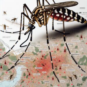 Image montrant des moustiques tigres, responsable de la transmission du chikungunya, sur fond de carte de la France métropolitaine avec des zones rouges indiquant les cas de chikungunya.