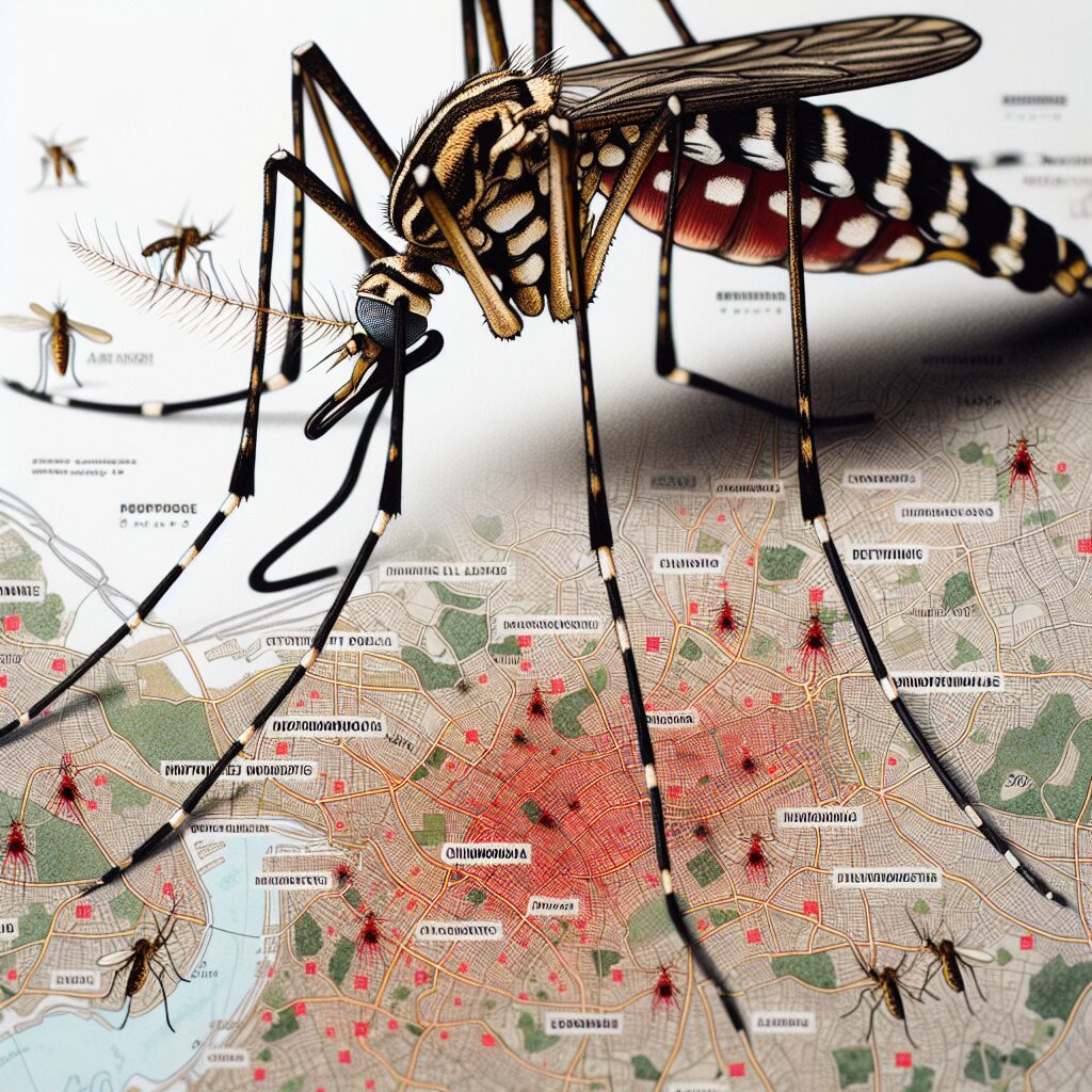 Image montrant des moustiques tigres, responsable de la transmission du chikungunya, sur fond de carte de la France métropolitaine avec des zones rouges indiquant les cas de chikungunya.
