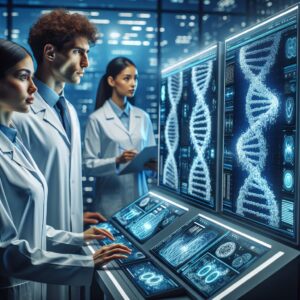 An advanced futuristic AI system analyzing human DNA data for predicting future diseases, in a high-tech laboratory setting, with scientists observing.