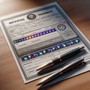 A detailed image of a secured paper form with holographic stickers and magnetic ink, symbolizing security and official documentation, set on a desk with a pen beside it.