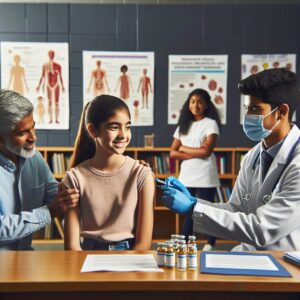 A young teenager receiving a vaccination in a school setting, surrounded by supportive healthcare professionals, with informational educational materials about HPV displayed in the background, emphasizing health and prevention.