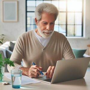 A serene and wise elderly person sitting at a modern desk, using a laptop or smartphone to fill out a questionnaire. The setting is bright and comfortable, with elements symbolizing health and well-being, such as plants and a glass of water. The focus is on the individual's engagement and concentration.