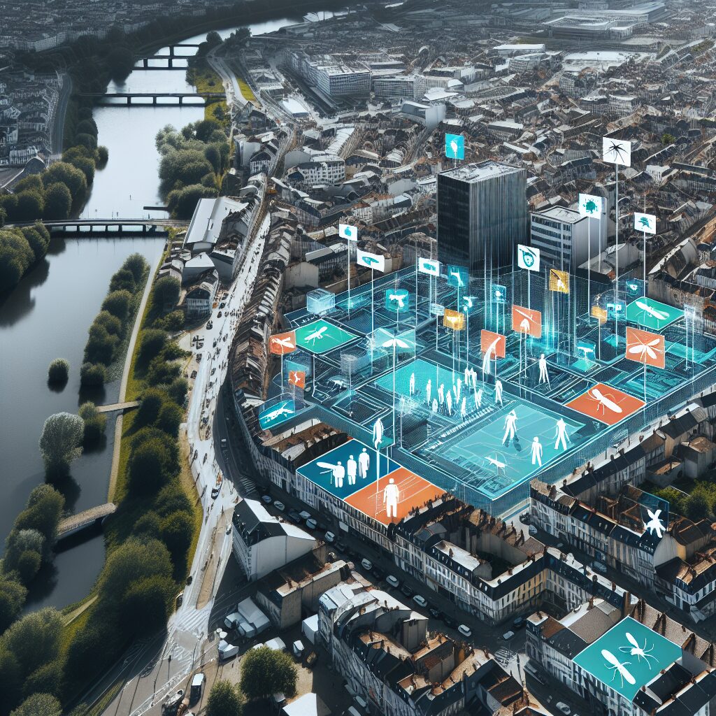 Aerial view of a French city with visible areas marked for vector control operations, showcasing strategies to combat the spread of chikungunya. Include elements like public health workers in action, mosquito control signs, and visible mosquito traps.