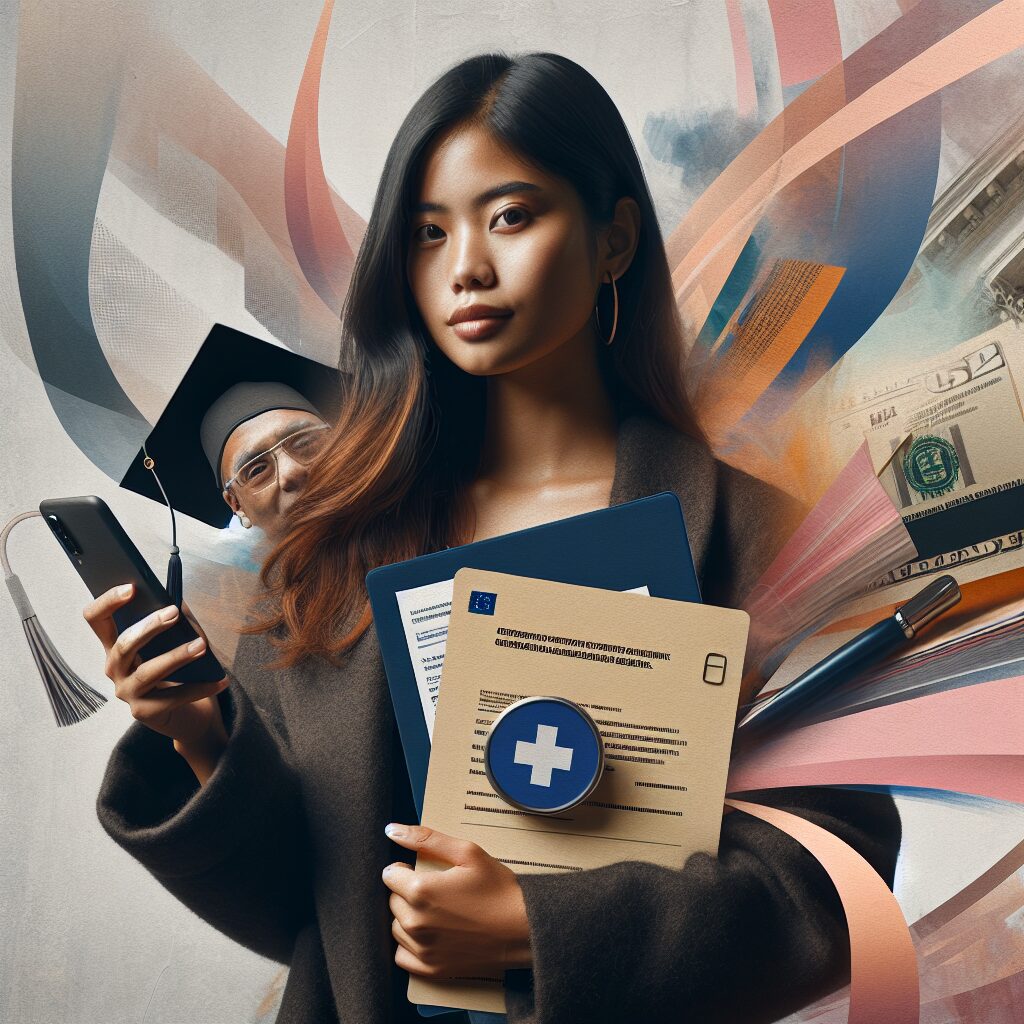 A young adult confidently holding a smartphone with official documents and a symbolic card, like a French health card, in a modern, abstract style. A background hinting at various life stages such as graduation and independence enhances the narrative of stepping into adulthood.