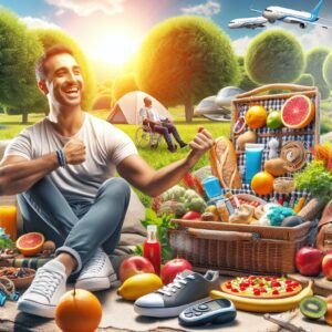 A person with diabetes actively enjoying outdoor activities, symbolizing balance and wellness. The scenery is sunny and vibrant, depicting a serene summer setting. There are elements like a picnic basket, travel essentials, and healthy food such as fruits reflecting a Mediterranean diet.