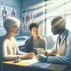 A vivid illustration showing a concerned parent and child consulting a healthcare professional about HPV vaccination options, set in a medical office with educational materials on the desk.