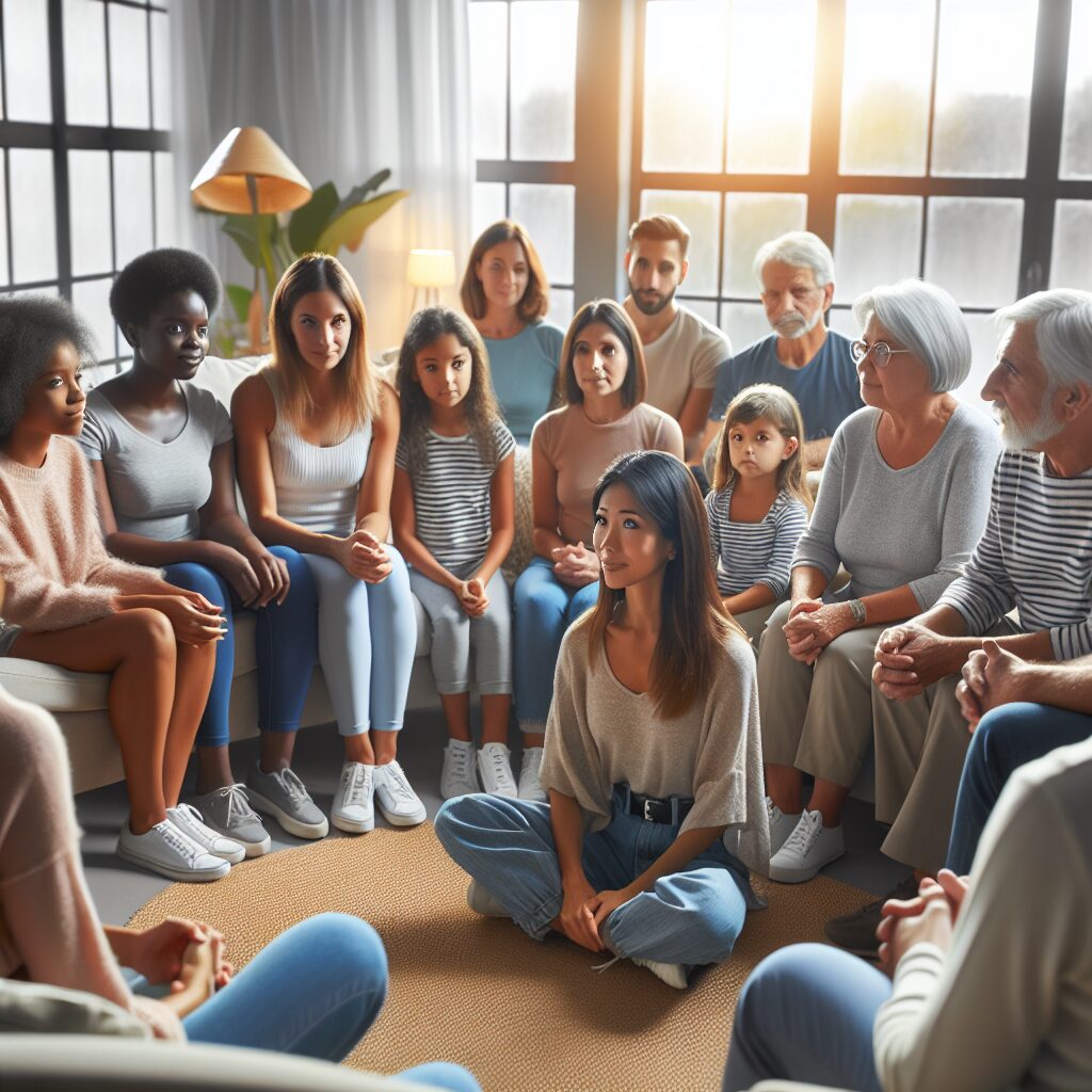 A supportive and inclusive image depicting a diverse group of people, from children to seniors, engaged in a comforting and positive discussion with a psychotherapist in a welcoming setting. The atmosphere should be warm and inviting, reflecting accessibility and care.