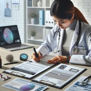 Un bureau médical avec un médecin remplissant un formulaire sécurisé, montrant des éléments d'authentification comme une étiquette holographique et de l'encre magnétique, style réaliste et professionnel.