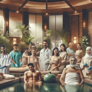 Des patients recevant des soins dans un établissement de cure thermale, avec une ambiance apaisante et un cadre naturel.