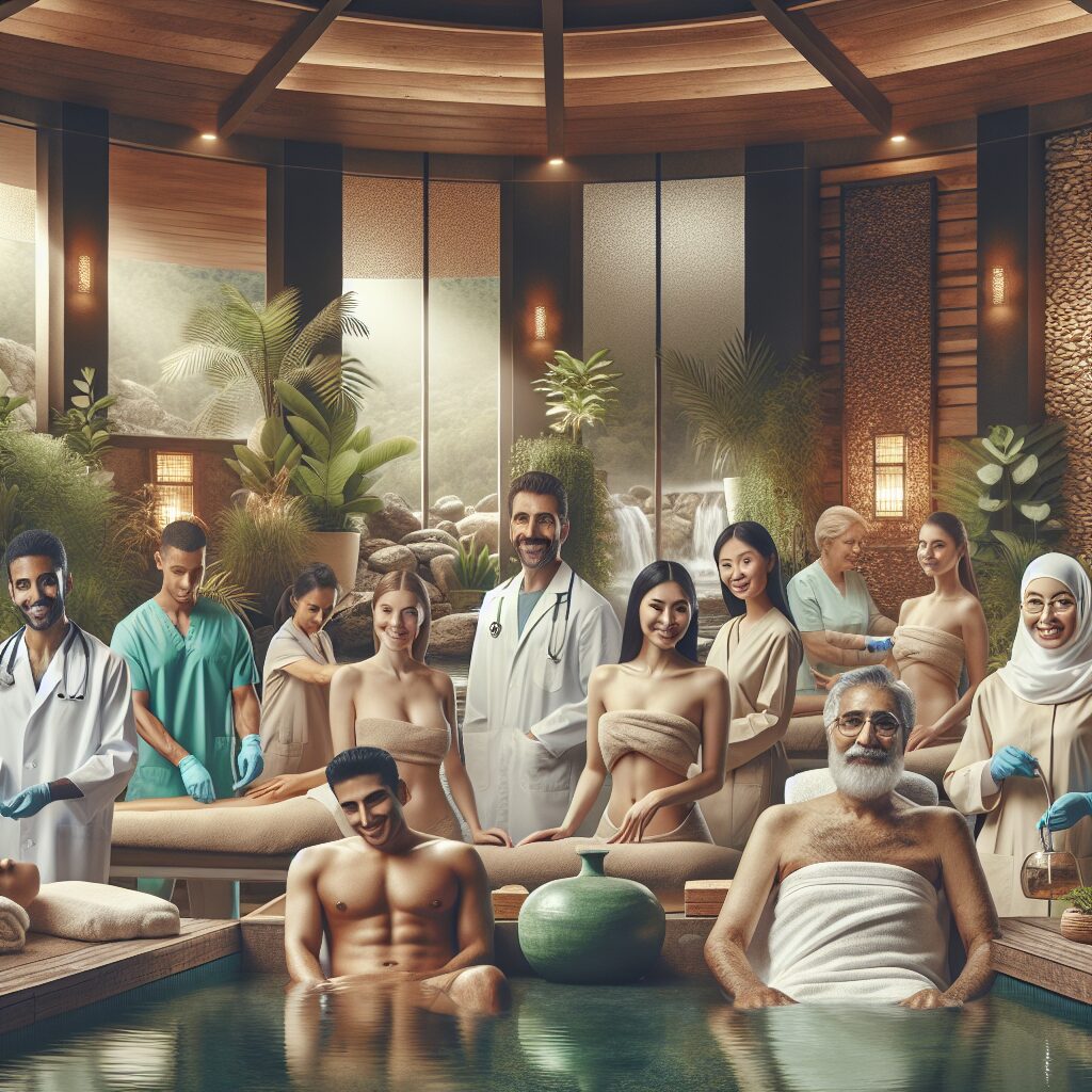 Des patients recevant des soins dans un établissement de cure thermale, avec une ambiance apaisante et un cadre naturel.