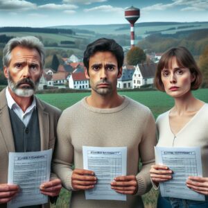 Three concerned mayors in the Ardennes, holding test results with high PFAS levels, standing in front of a scenic rural landscape with a water tower, looking worried and determined.