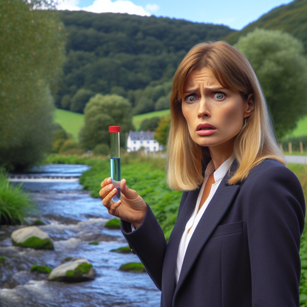 A concerned mayor standing by a river, holding a test tube of water with a somber expression, symbolizing pollution and contamination of water sources in a rural landscape of the Ardennes.