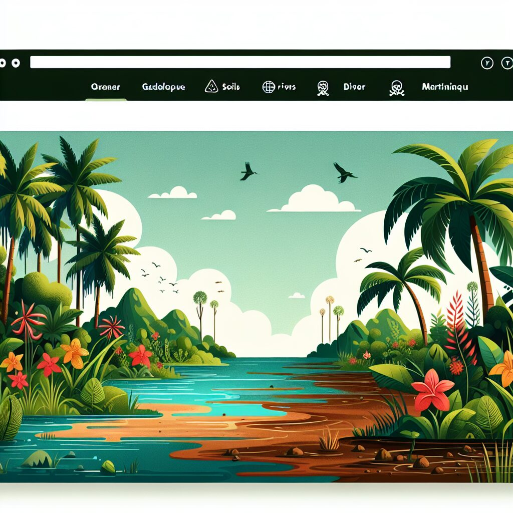 An educational portal website about chlordécone pesticide, featuring lush tropical landscapes of Guadeloupe and Martinique, with imagery of polluted soils and rivers, emphasizing public awareness and safety.