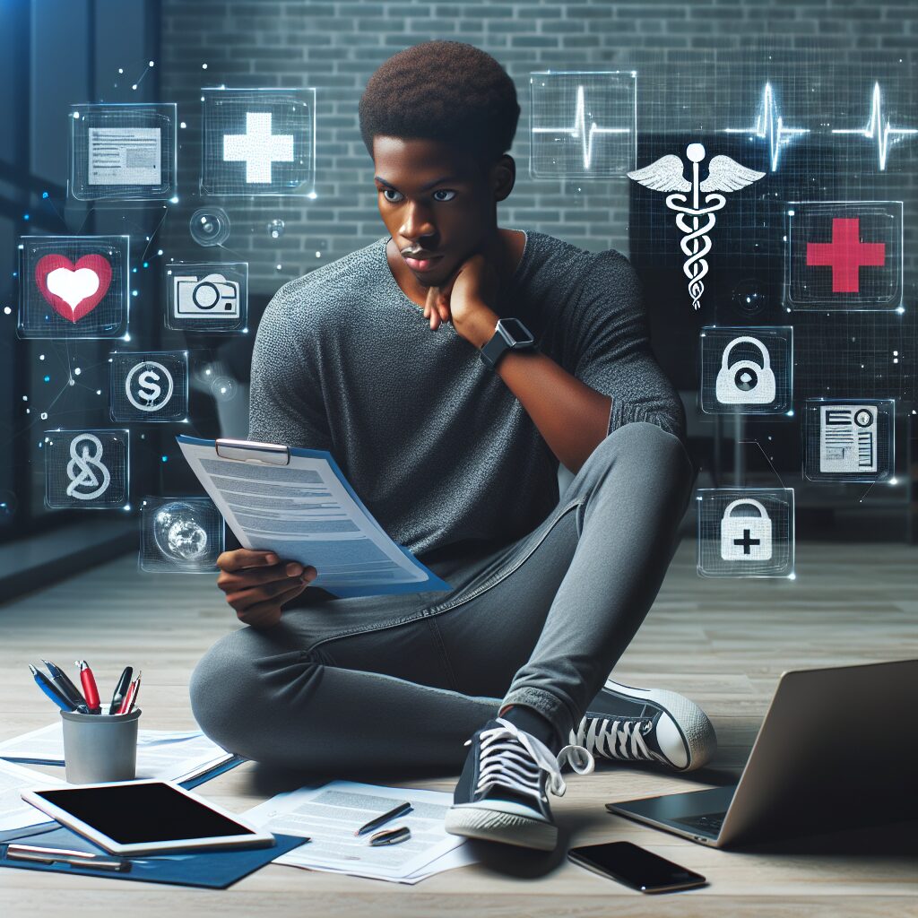 A young adult confidently managing health insurance paperwork in a modern setting, surrounded by digital devices and medical symbols, symbolizing independence and responsibility upon reaching 18.