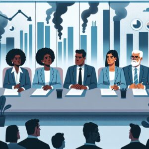Illustration d'une réunion de maires dans une salle de conférence avec des graphiques montrant des taux de pollution, ambiance sérieuse et préoccupée, couleurs gris et bleu pour représenter l'urgence sanitaire.