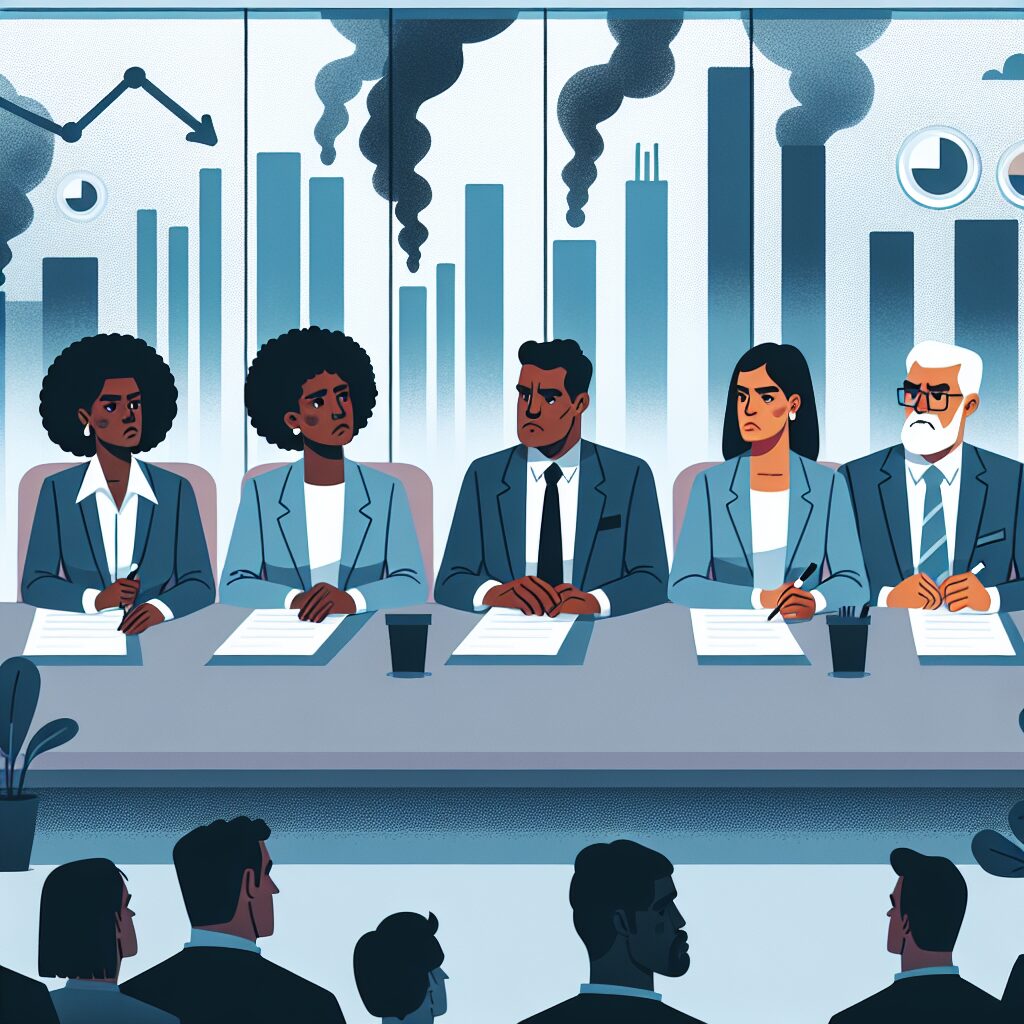 Illustration d'une réunion de maires dans une salle de conférence avec des graphiques montrant des taux de pollution, ambiance sérieuse et préoccupée, couleurs gris et bleu pour représenter l'urgence sanitaire.