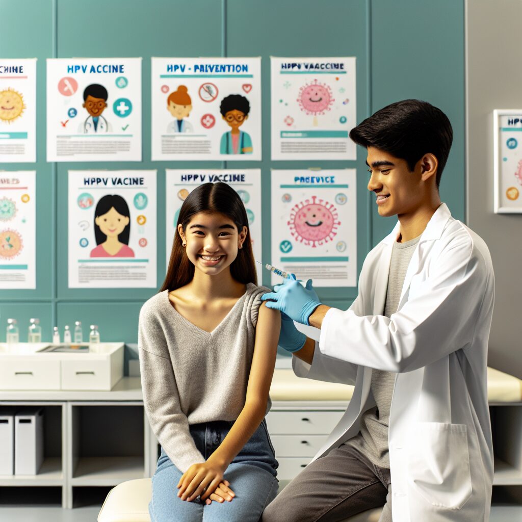 A health professional administering a vaccine to a smiling adolescent in a school setting, surrounded by educational posters on HPV awareness and prevention.