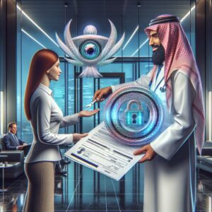 A detailed illustration of a doctor handing a secure paper form to a patient in a modern medical office. The form features holographic security elements and magnetic ink, symbolizing advanced security measures.