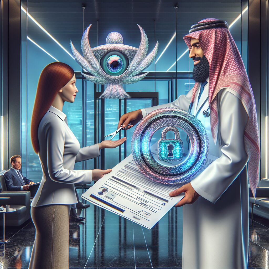 A detailed illustration of a doctor handing a secure paper form to a patient in a modern medical office. The form features holographic security elements and magnetic ink, symbolizing advanced security measures.