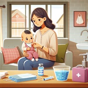 Illustration of a concerned mother with a baby in a cozy home setting, showing preventive measures like hand washing, vaccination, and fresh air circulation, to protect the child from respiratory infections such as bronchiolitis.