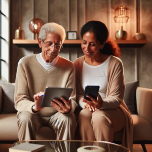 A senior man and woman, both around 60 years old, sitting comfortably at home with a tablet and a smartphone, focusing on a digital questionnaire. The room is bright and cozy, filled with warm light and a touch of modern decor. Both individuals appear engaged and content, discussing the content on their screens. The atmosphere is positive and supportive, embodying a sense of attentiveness to health and well-being.