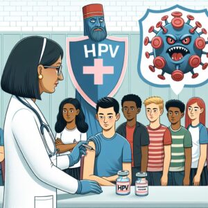 Illustration showing diverse group of teenagers in a school setting, receiving HPV vaccination from a healthcare professional, with a visual representation of HPV virus and shield symbol in the background.